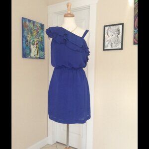 Holiday Royal Blue One Shoulder Ruffle Dress